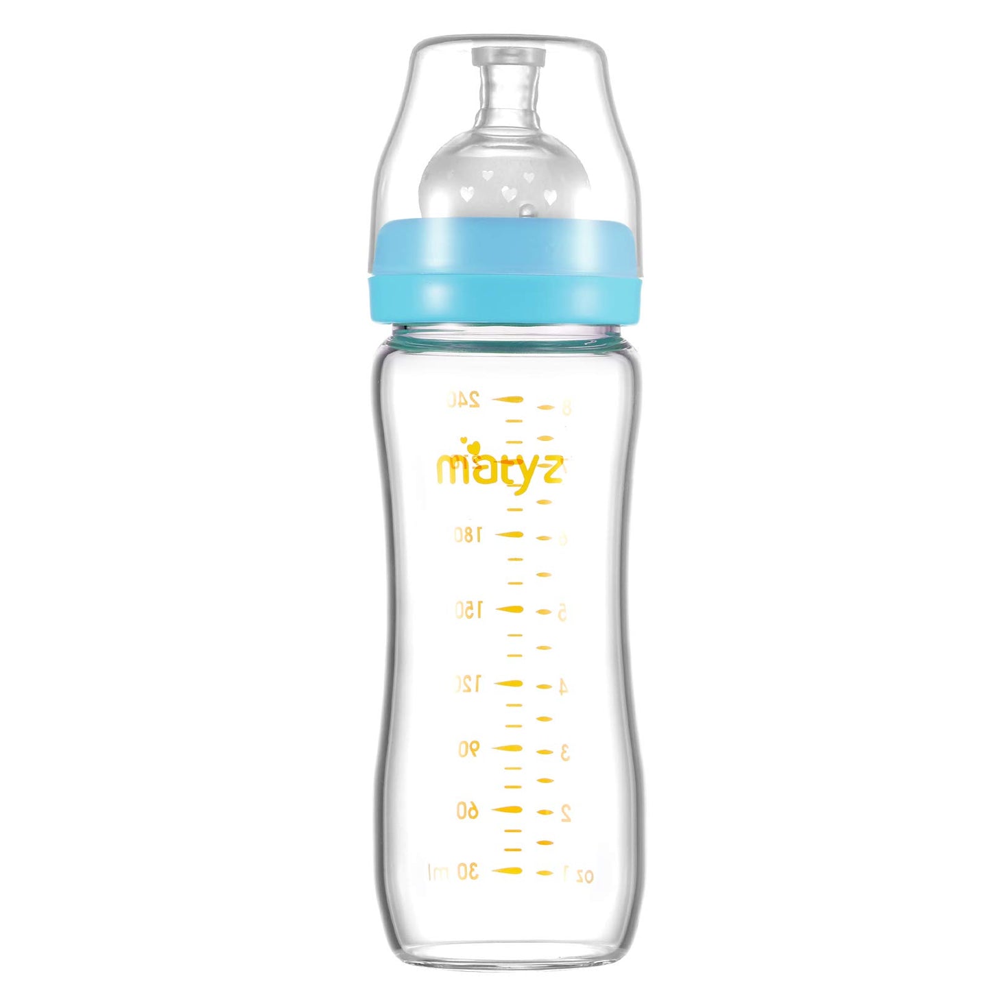 Matyz 8 Ounce Glass Baby Feeding Bottle With Nipple, Light And Slim, Easy To Hold, Food Grade Borosilicate Glass, Wide Neck Brea