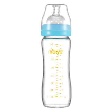 Matyz 8 Ounce Glass Baby Feeding Bottle With Nipple, Light And Slim, Easy To Hold, Food Grade Borosilicate Glass, Wide Neck Brea