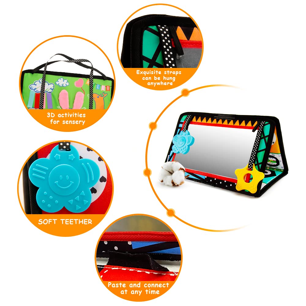 beetoy Tummy Time Baby Mirror Toys with Black and White Pattern, High Contrast 3D Activity Play Crinkle Toys Baby Mirror for New