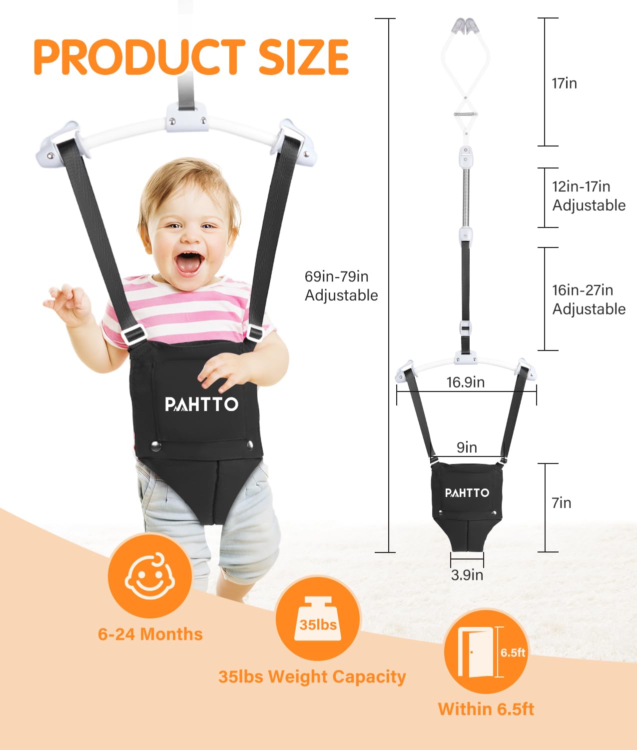 Pahtto Baby Door Jumper With Soft Rug, Durable Toddler Bouncer With Adjustable Height-Funny Baby Walking Harness, Protable Baby