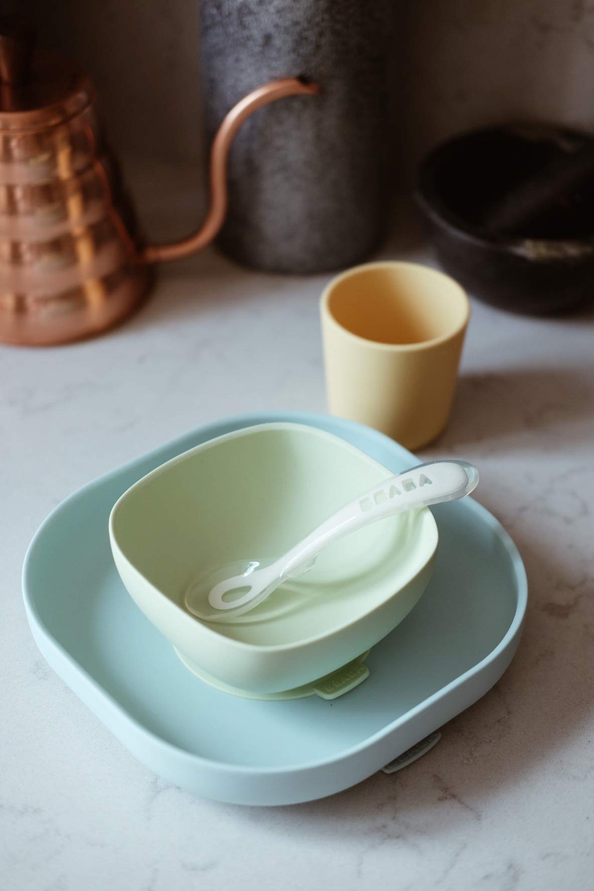 Beaba Silicone 4 Piece Baby Feeding Set, Suction Plates For Baby, Includes Plate, Bowl, Cup, 2Nd Stage Silicone Spoon, High Grad