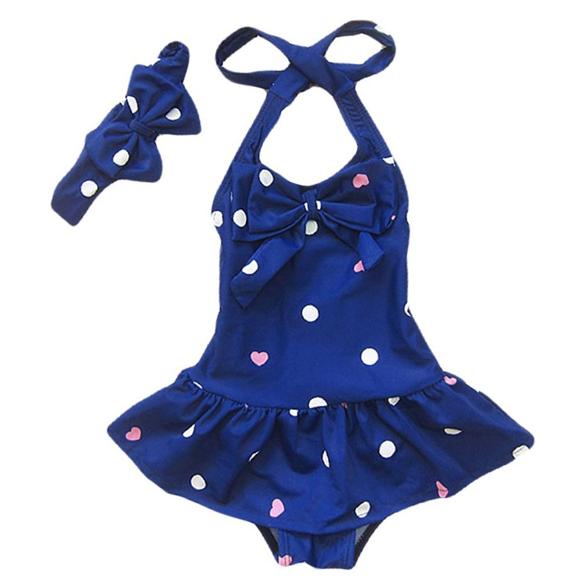 Jastore Baby Girls Swimwear One Piece Swimsuits Beach Wear With Headband (4-5T, Blue)