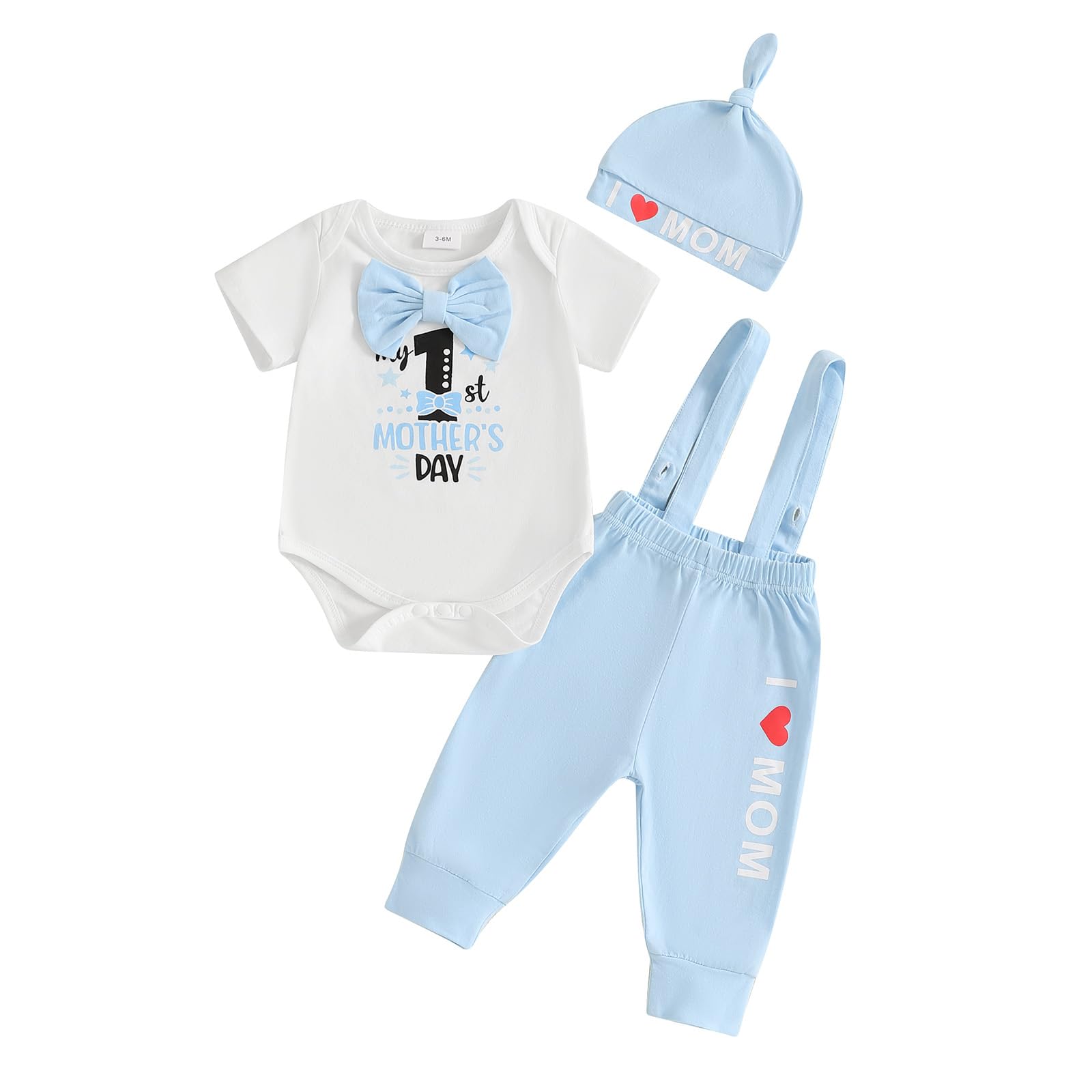 Karuedoo My 1st Mother's Day Baby Boy Outfit Short Sleeve Bowtie Romper I Love Mom Suspender Pants Hat 3 Piece Clothes Set (A-Wh