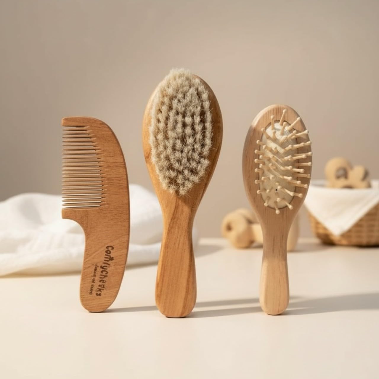 Comfy Cheeks Kids Hair Grooming Set | Wooden Comb & 2 Soft Bristle Hair Brushes | Gentle, TangleFree Hairbrush And Comb For Boy