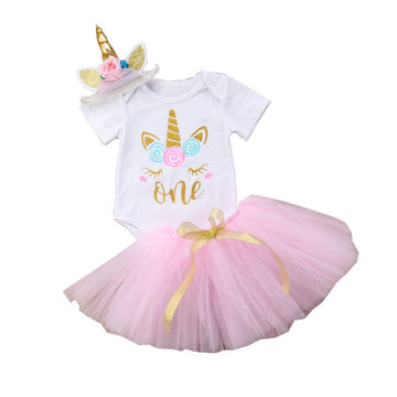 3PCS Unicorn Outfit Newborn Baby Girls 1st Birthday Romper + Tutu Skirt Dress + Headband Clothing Set Pink