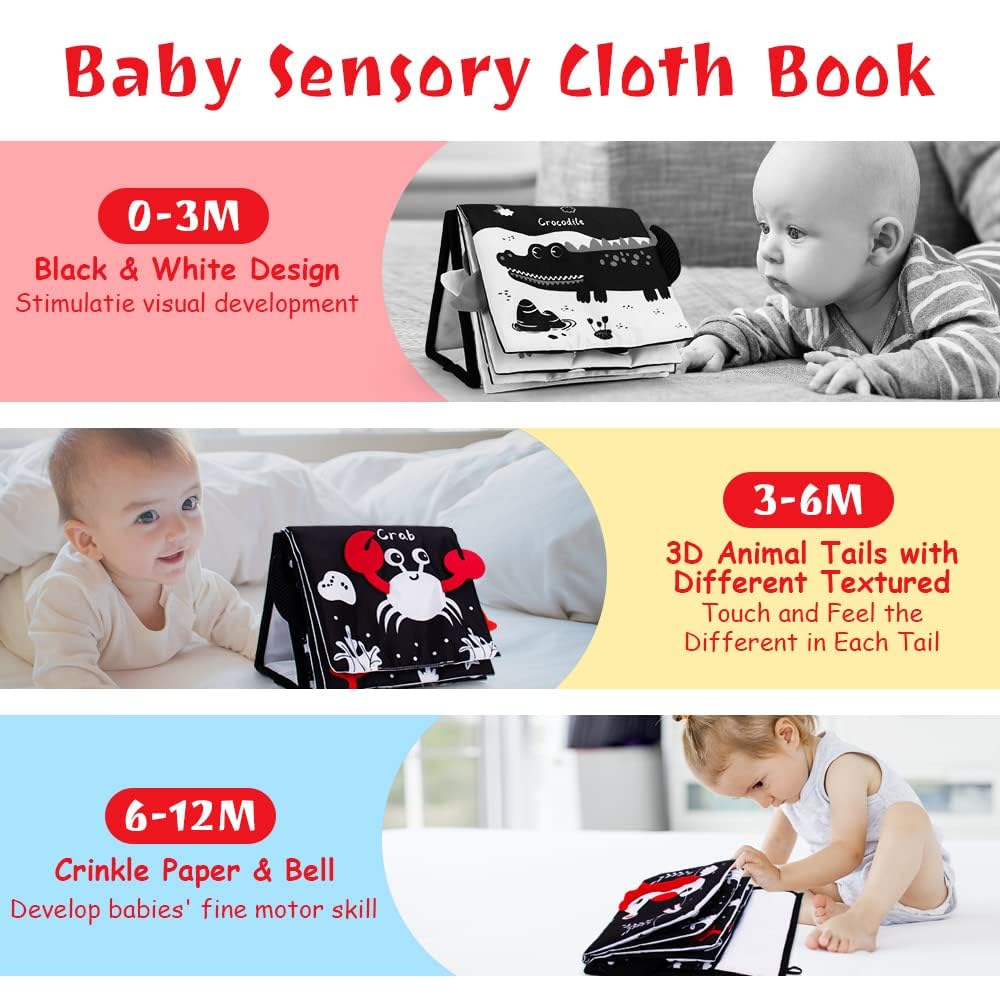 Oarifun Tummy Time Mirror, Baby Tummy Time Toys with Soft Book, Black and White High Contrast Baby Toys, 3D Activity Sensory Mon