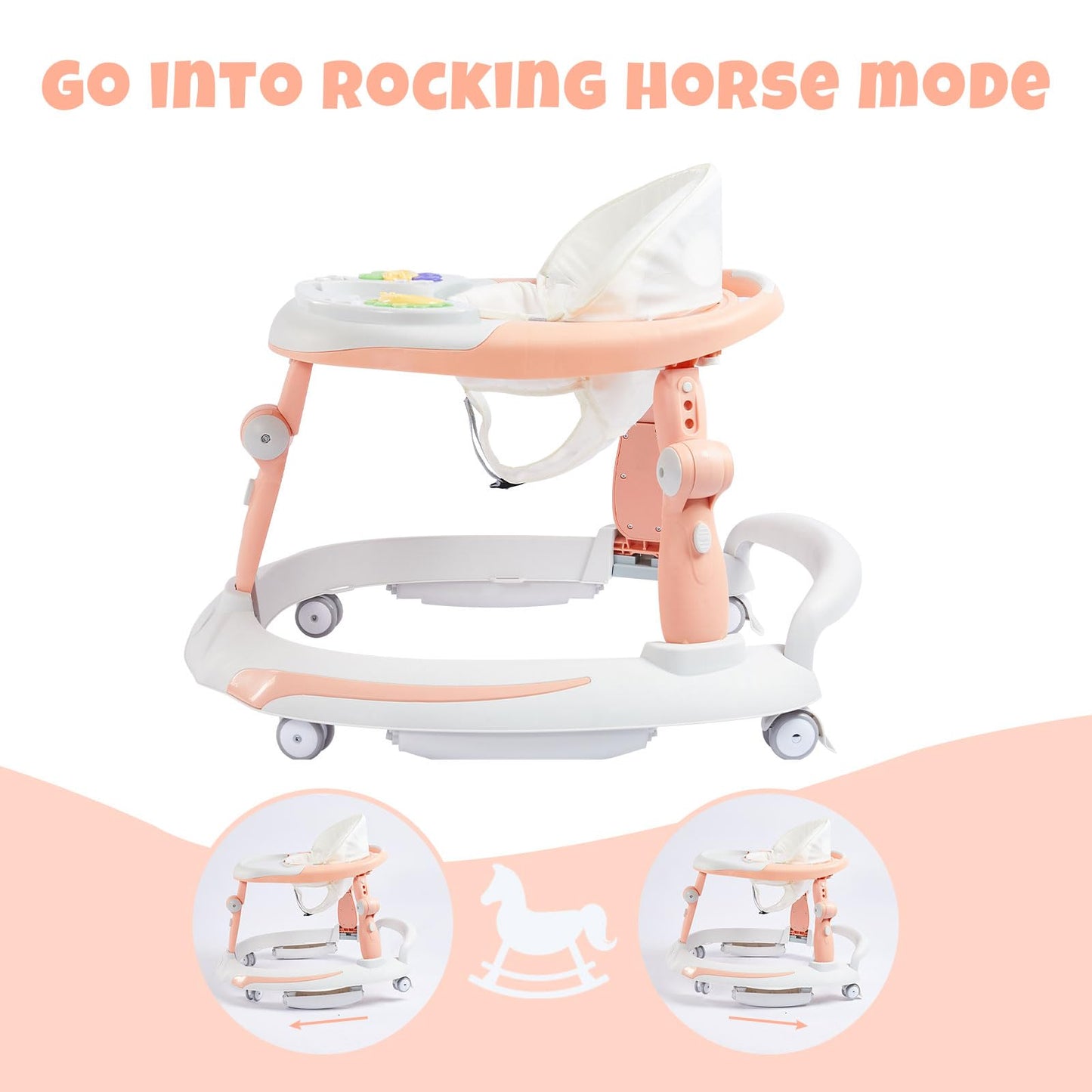 Wwuiuiww 3 In 1 Baby Walker, Baby Walkers For Boys And Girls With Removable Footrest, Feeding Tray, Rocking Function & Music Tra