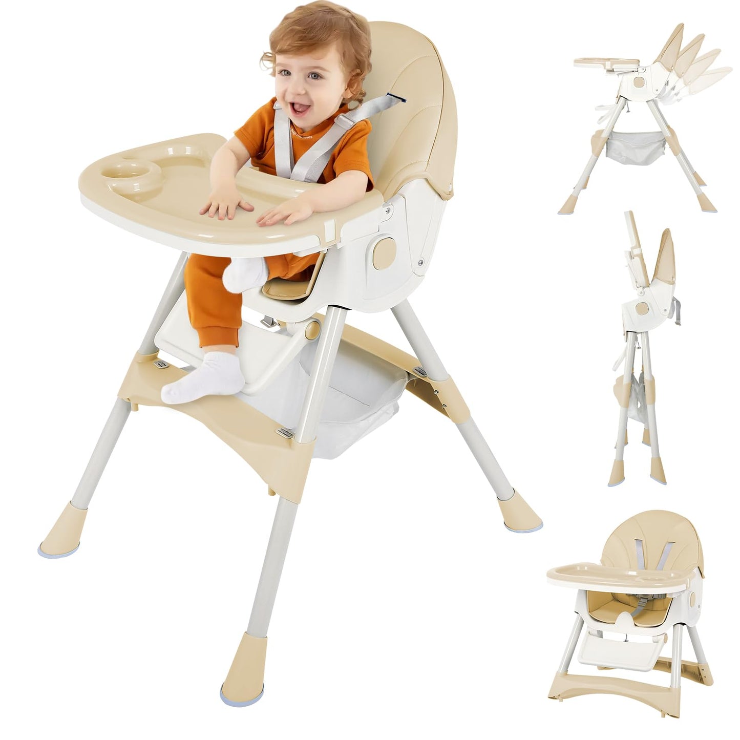 6-in-1 Foldable Baby High Chair for Babies & Toddlers - Adjustable Height & Recline, 5-Point Safety Harness, Removable Tray | Po