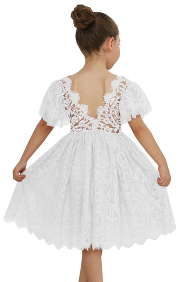 2Bunnies Girl Paisley Lace Back A-Line Tutu Tulle Party Flower Girl Dress (All Lace Flutter Sleeve Knee-White, 2T)
