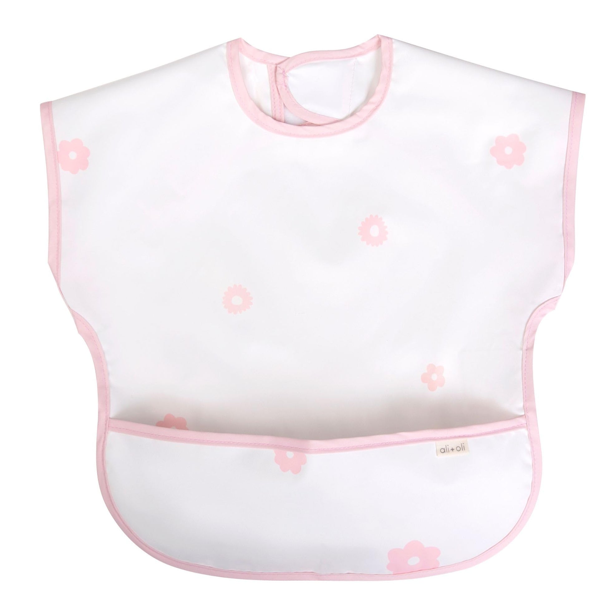 Ali+Oli Smock Bib for Baby (1-pc) Short Sleeve (Pink Flowers) BPA-Free Oeko-Tex Certified, Mess Proof Baby Bib for Eating, Water