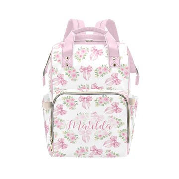 Workvalor Personalized Pink Bow with Floral Diaper Baby Bag Backpack with Name - Custom Baby Travel Tote for Mom or Dad, Nursing
