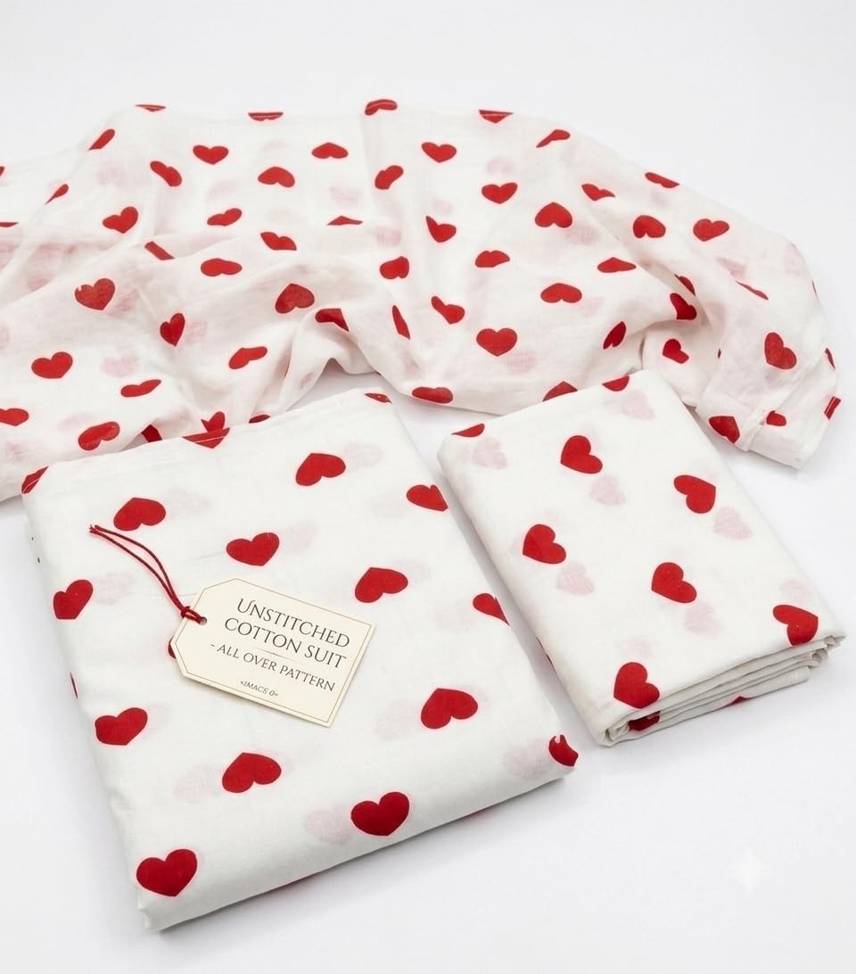 White Cotton Fabric with Red Heart Print Kurti Fabric