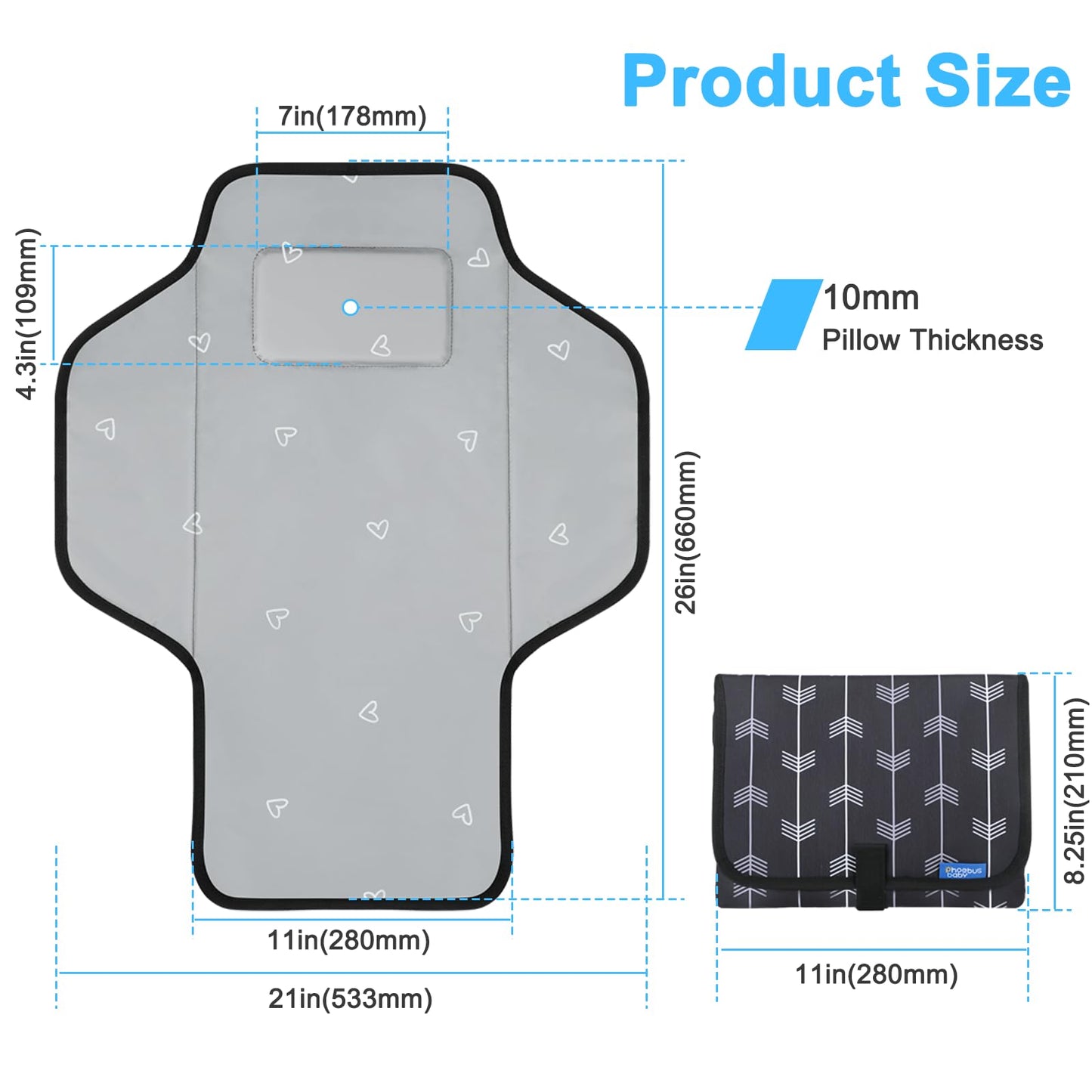 Baby Portable Changing Pad Travel - Waterproof Compact Diaper Changing Mat With Built-In Pillow - Lightweight & Foldable Changin