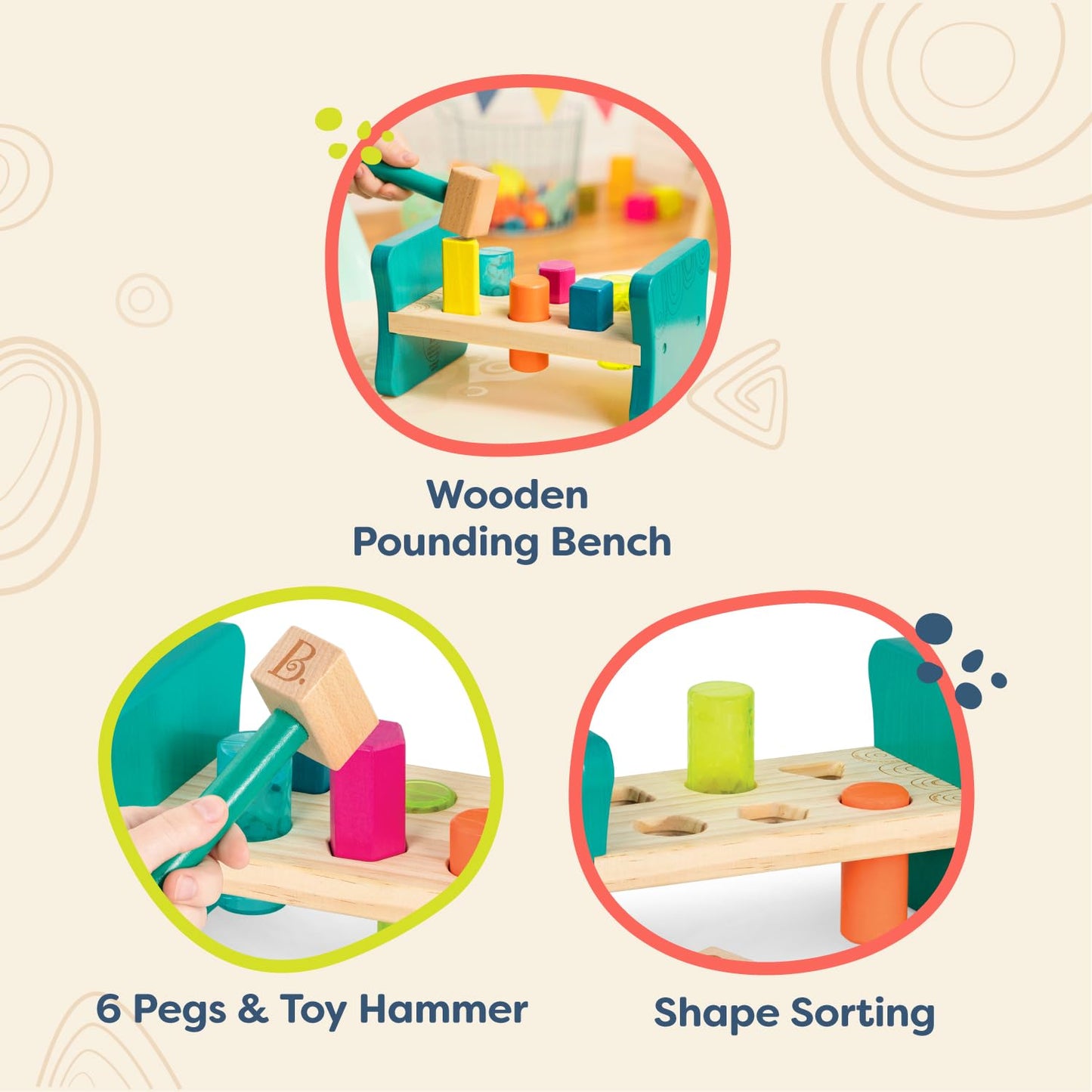 B. toys - Wooden Shape Sorter - Pounding Bench For Shape Sorting - 6 Pegs & Toy Hammer - Classic Toys For Toddlers, Kids - 2 Yea