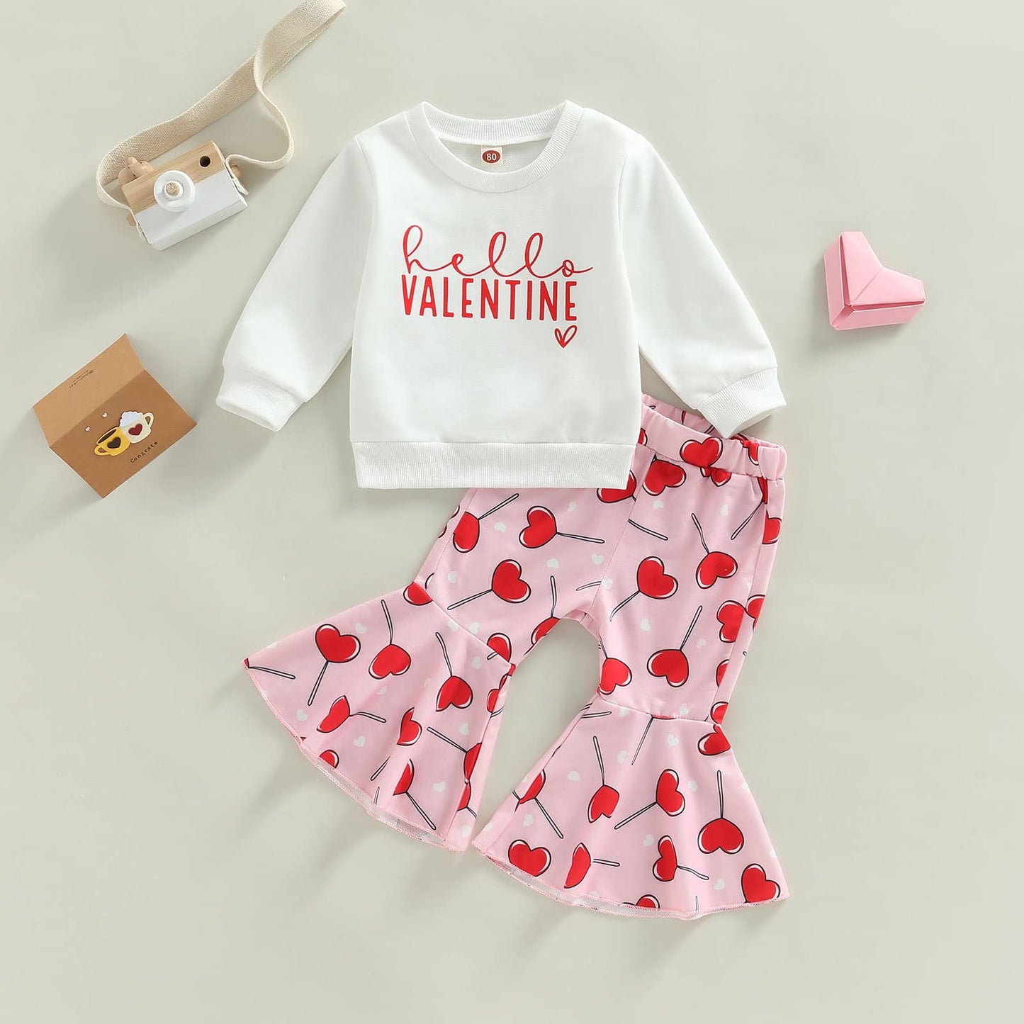 Iddolaka Toddler Baby Girls Valentines Day Outfits Long Sleeve Letter Sweatshirt Shirt Heart Flared Pants Spring Clothes (G-Whit