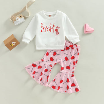Iddolaka Toddler Baby Girls Valentines Day Outfits Long Sleeve Letter Sweatshirt Shirt Heart Flared Pants Spring Clothes (G-Whit