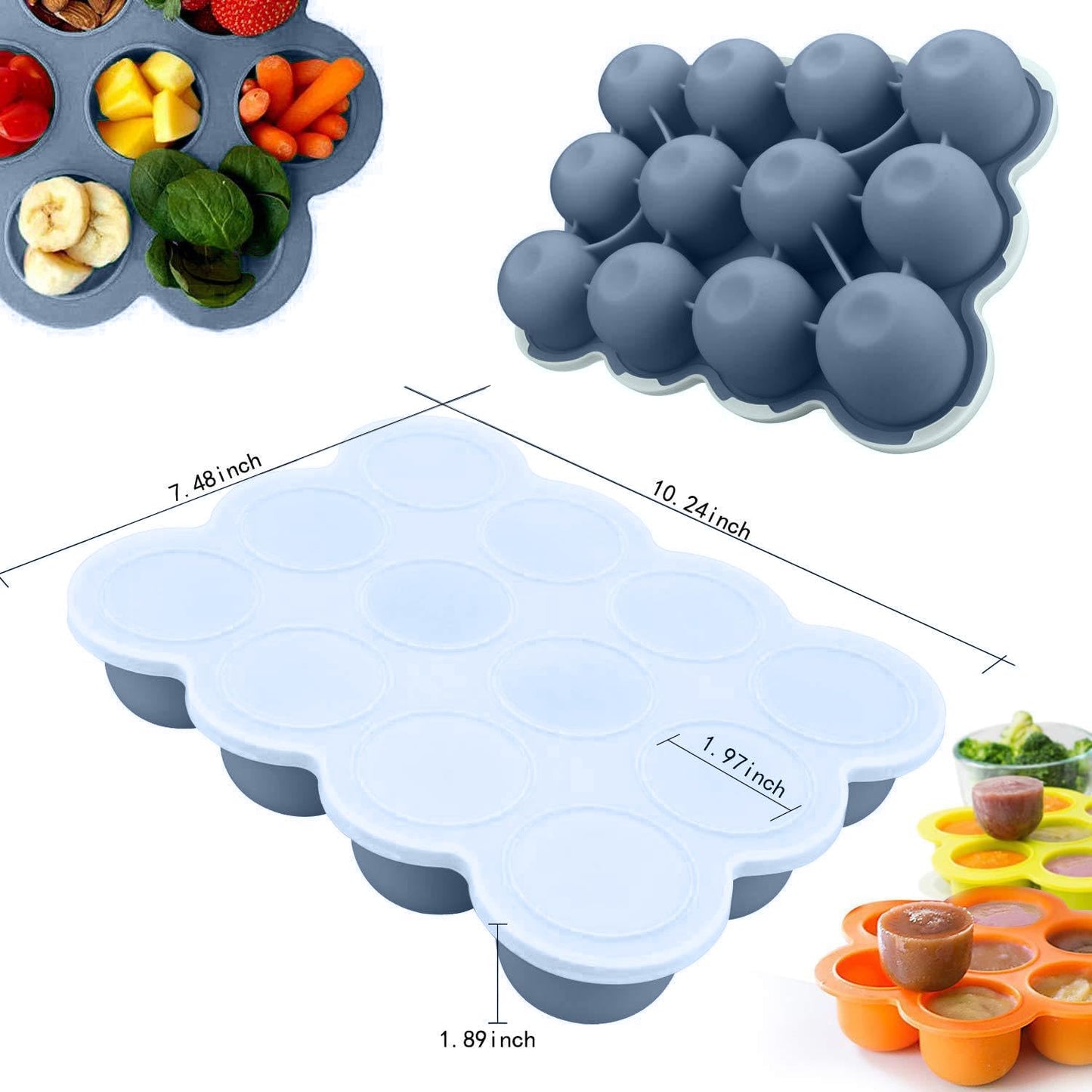 Samuelworld Baby Food Storage Container, 12 Portions X 2.5Oz - Bpa Free Silicone Freezer Tray With Clip-On Lid For Breast Milk S