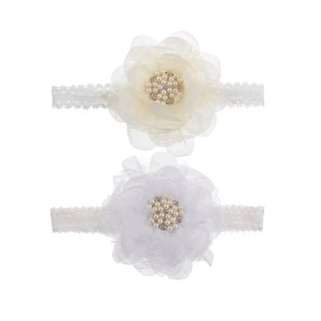 Nishine 2Pack Newborn Elactic Lace Crwon Headband Toddler Girls Fabric Flower Pearl Hairband For Baby Shower Birthday Gift (Whit