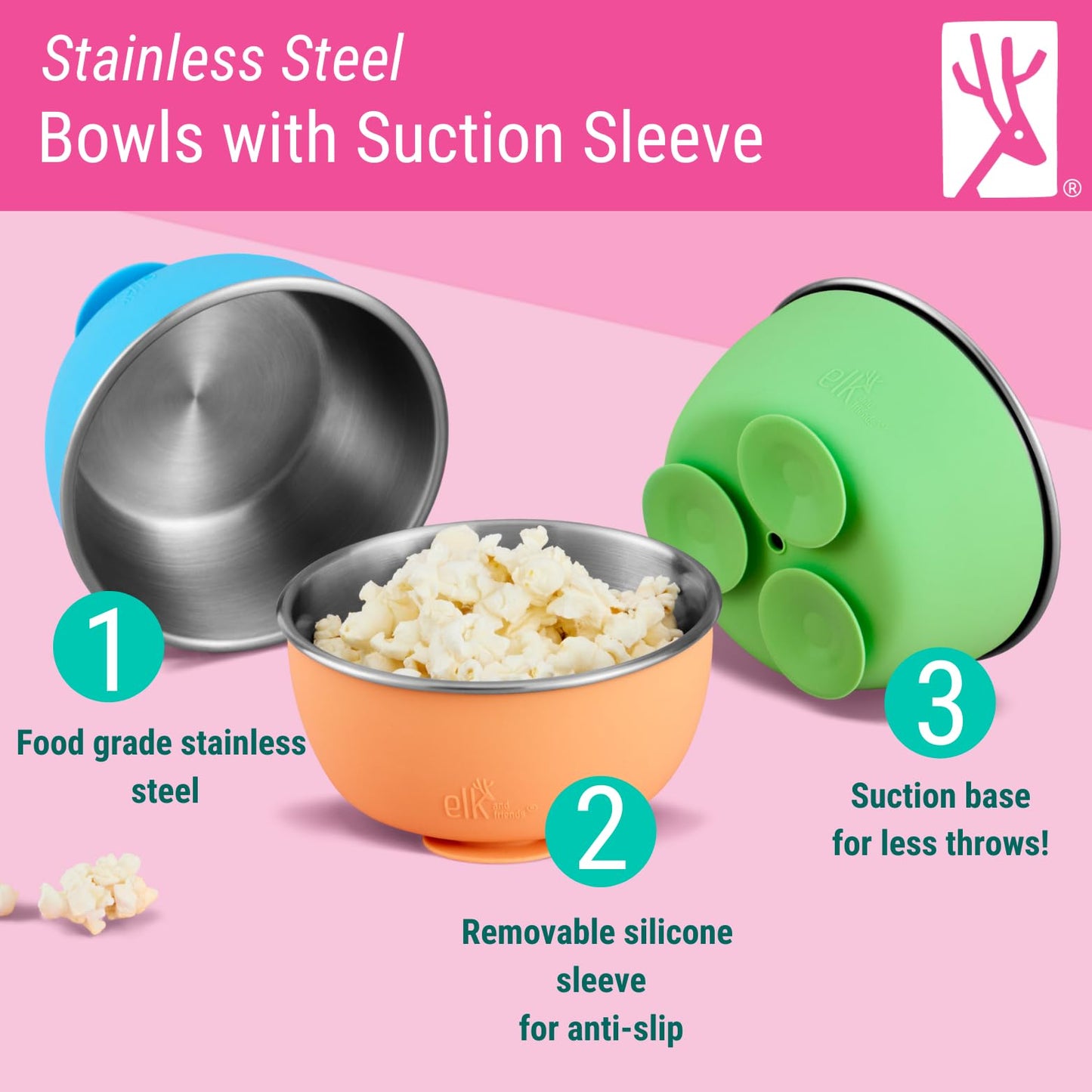 Elk And Friends Stainless Steel Bowls With Silicone Sleeve For Babies & Toddlers | Lids Included | Stay Put Suction | Cereal & S