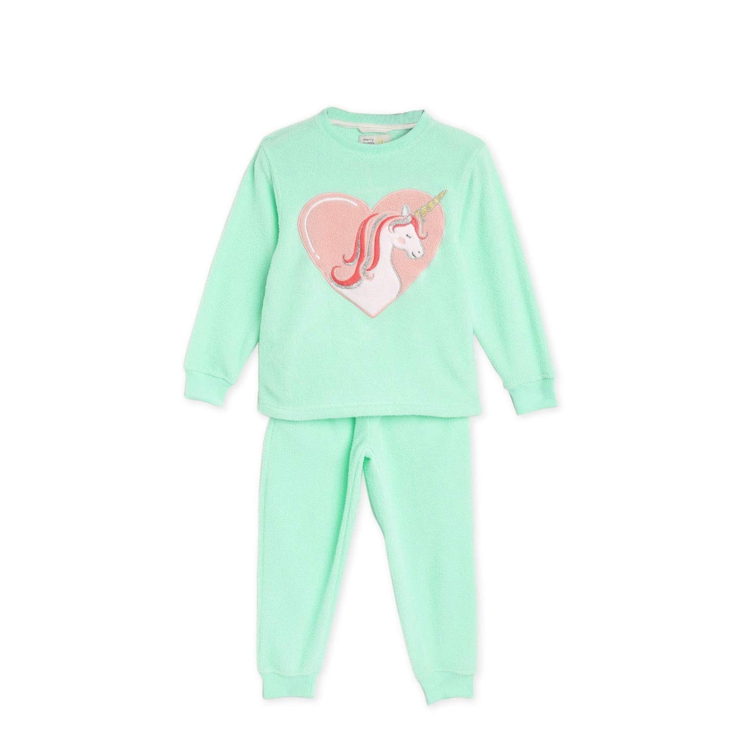 Cherry Crumble Girls Unicorn Applique Nightsuit with Eye Mask Regular Pajama Set (CtwsNsuit5813Sgr_Green_9 Months12 Months)