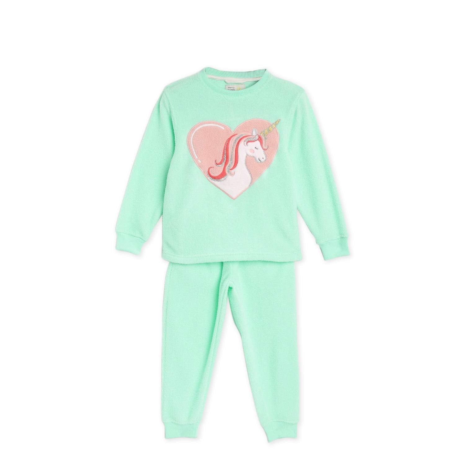 Cherry Crumble Girls Unicorn Applique Nightsuit with Eye Mask Regular Pajama Set (CtwsNsuit5813Sgr_Green_9 Months12 Months)