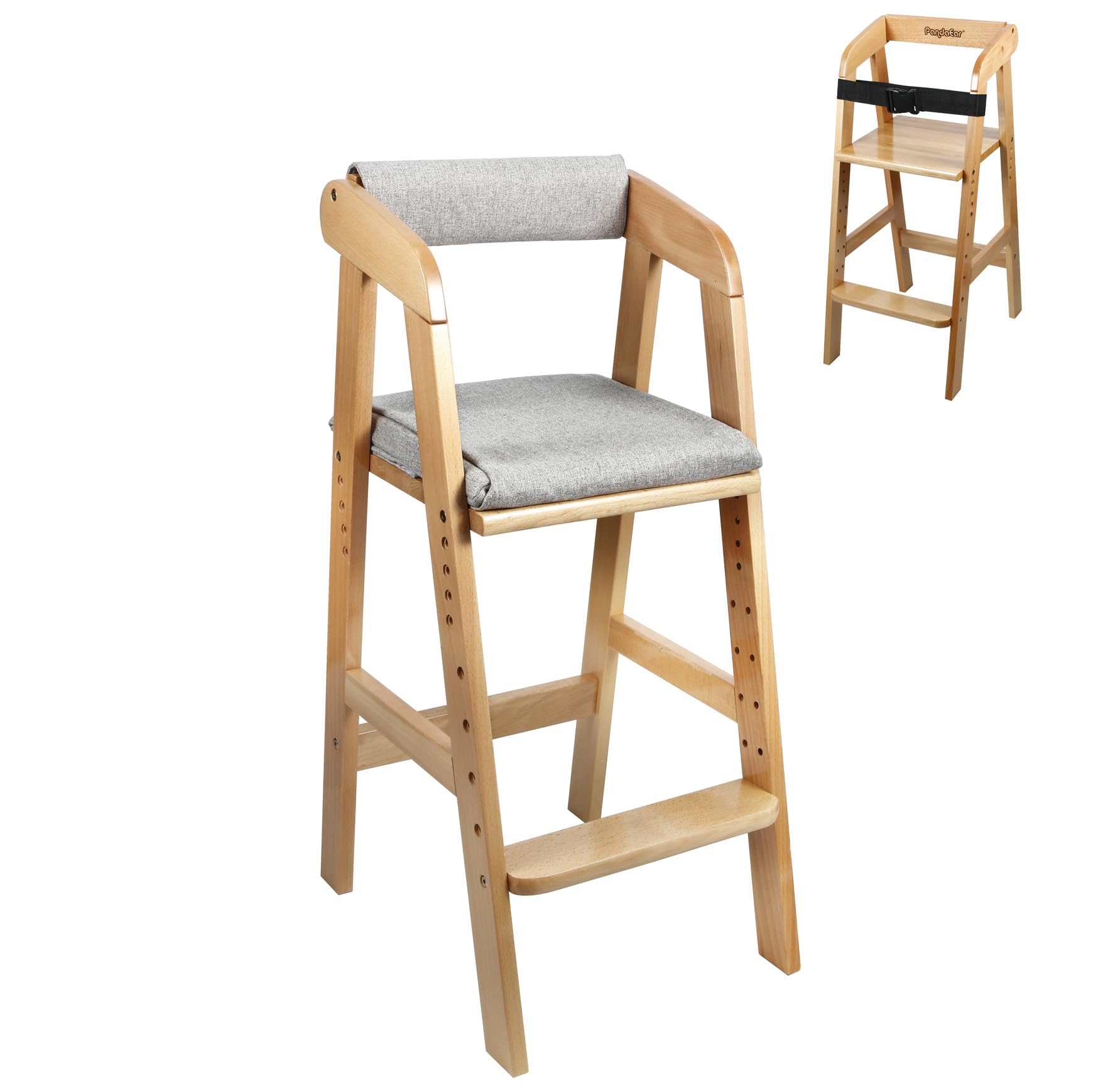 Pandaear Wooden High Chair For Toddlers, Adjustable Child Highchair Feeding Chair With Removable Cushion & Steps For Kids Dining
