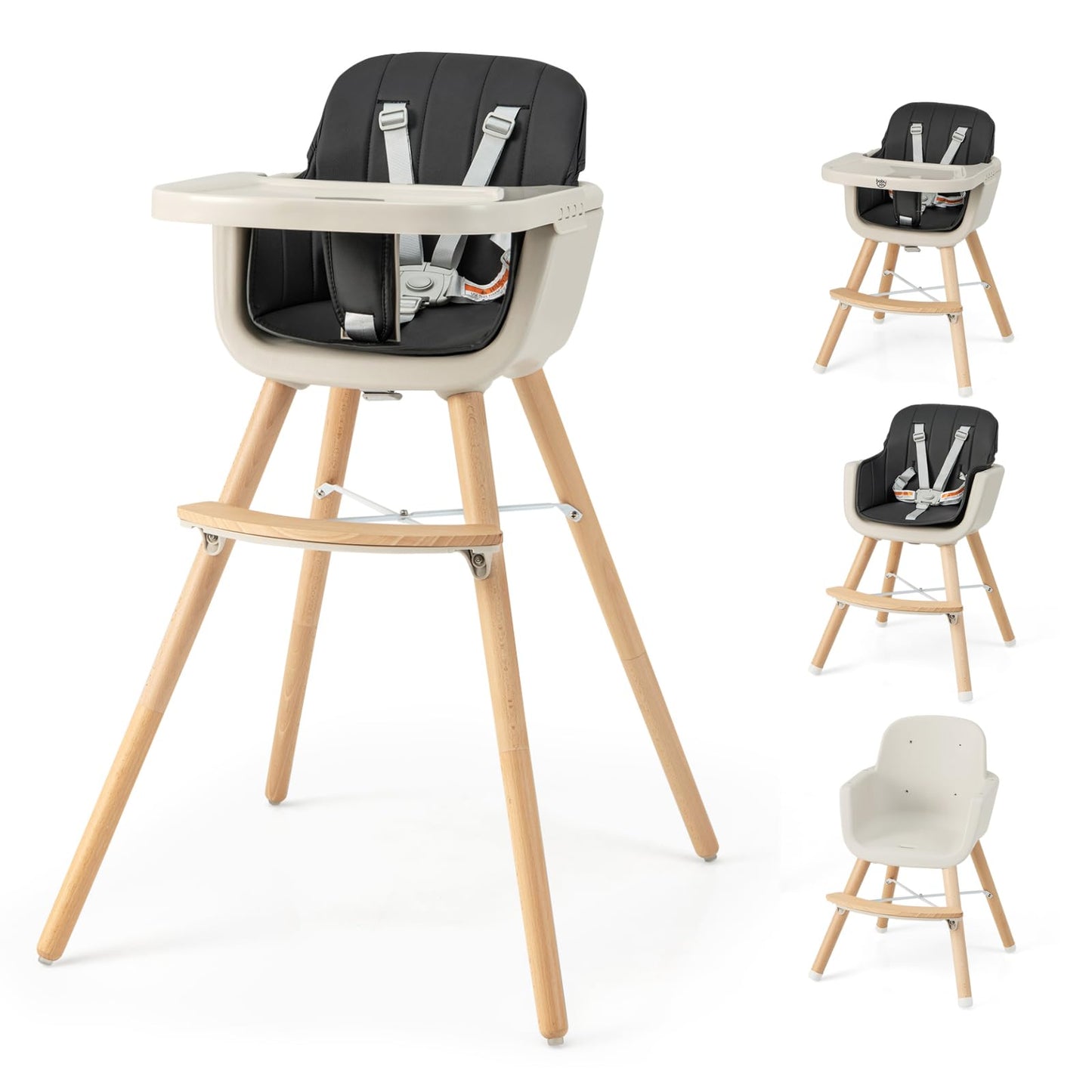 HONEY JOY Baby High Chair, 6-in-1 Eat & Grow Wooden Highchair/Toddler Chair with Removable Tray, 5-Point Harness, PU Cushion and