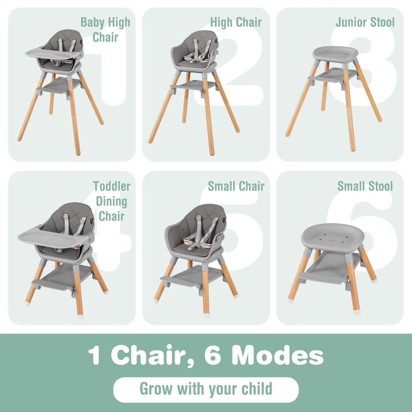 Baby Joy Baby High Chair, 6 In 1 Convertible Wooden Highchair For Babies & Toddlers With Adjustable Legs, Removable Double Tray,
