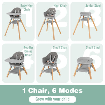 Baby Joy Baby High Chair, 6 In 1 Convertible Wooden Highchair For Babies & Toddlers With Adjustable Legs, Removable Double Tray,