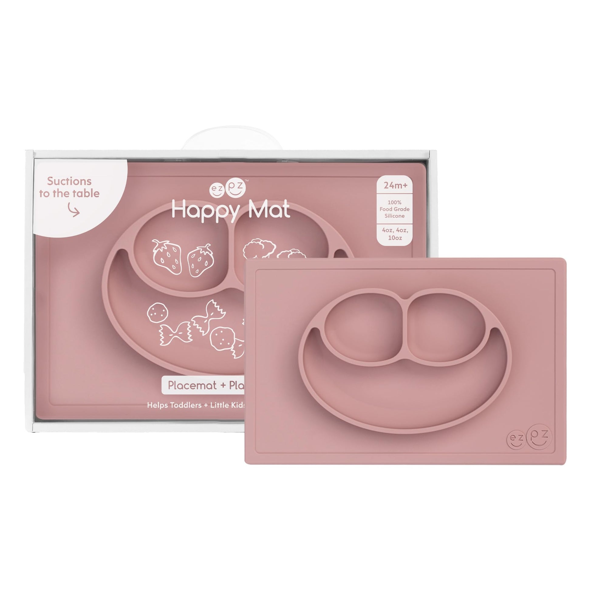 ezpz Happy Mat (Blush) - 24 Months+ - 100% Silicone Suction Placemat + Divided Plate with Three Compartments - Toddler + Prescho