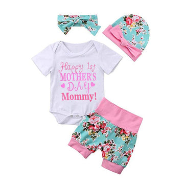 Xfglck Baby Girl Happy 1St Mother'S Day Outfit Short Sleeve Romper+Floral Shorts +Headband+Hat Summer Clothes (Pink, 0-6 Months)