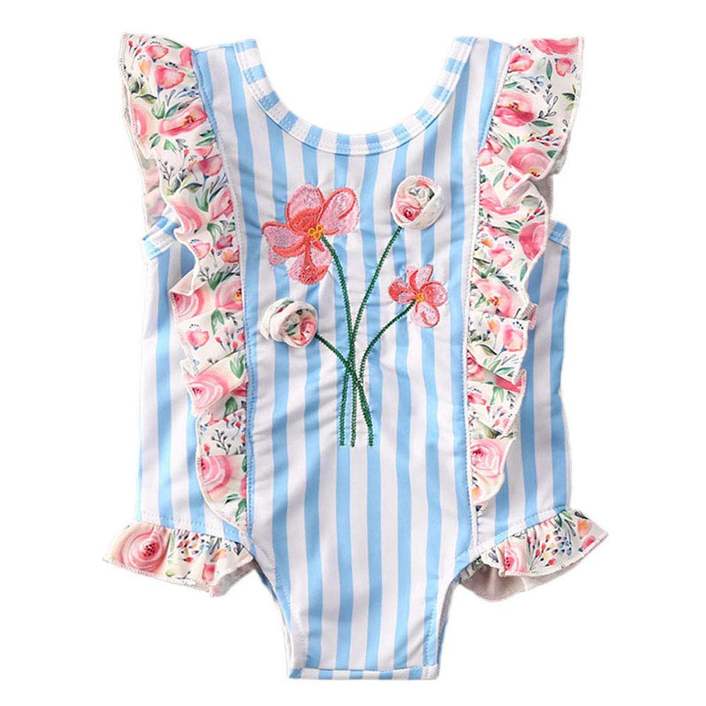 Kids Baby Girls One Piece Swimsuit Striped Flamingo/Mermaid Tassel/Ruffle Floral Swimwear Bathing Suit (6-7 Years, Blue Ruffles)