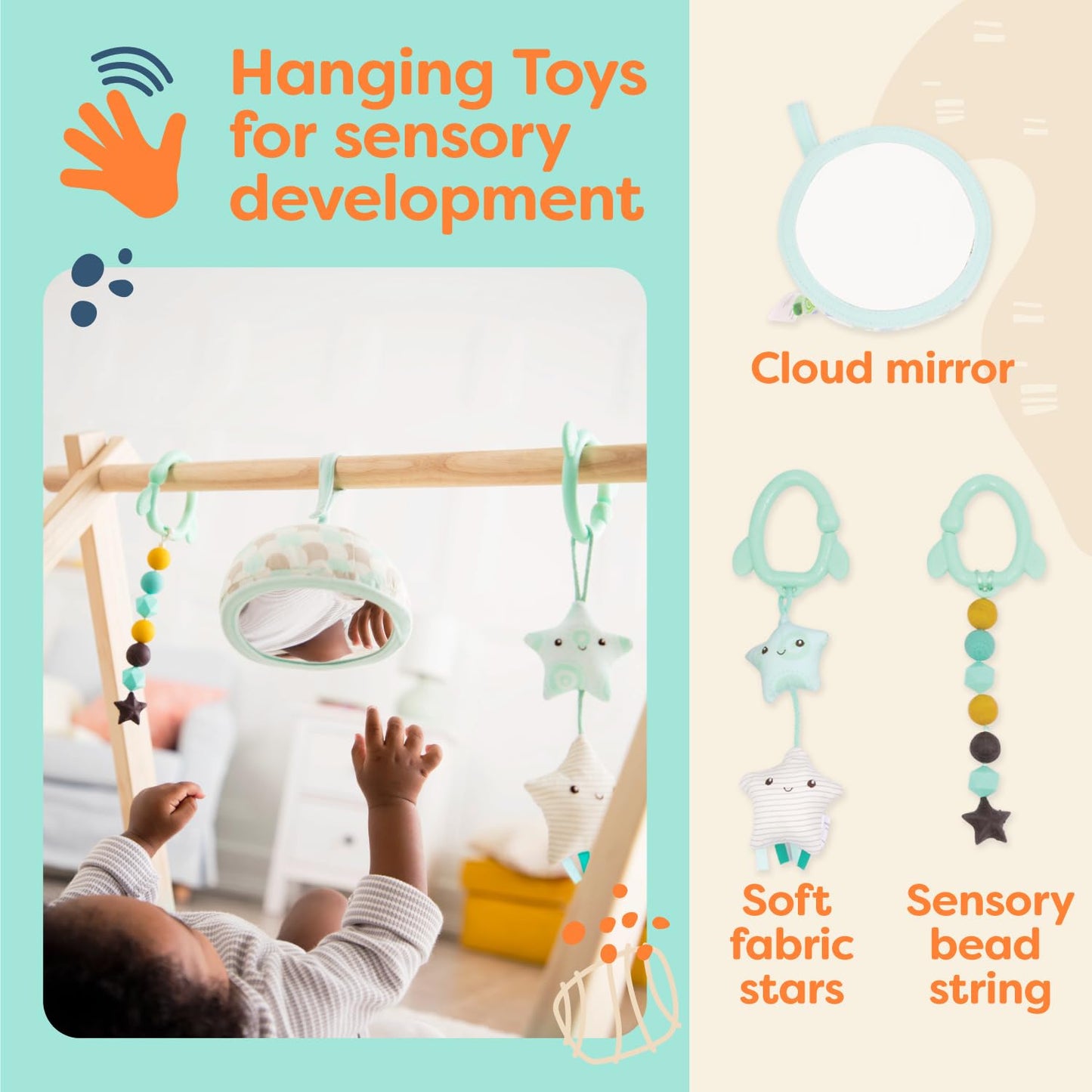 B. Toys- B. Baby- Wooden Baby Play Gym - Activity Mat - Starry Sky - 3 Hanging Sensory Toys - Natural Wood - Babies, Infants