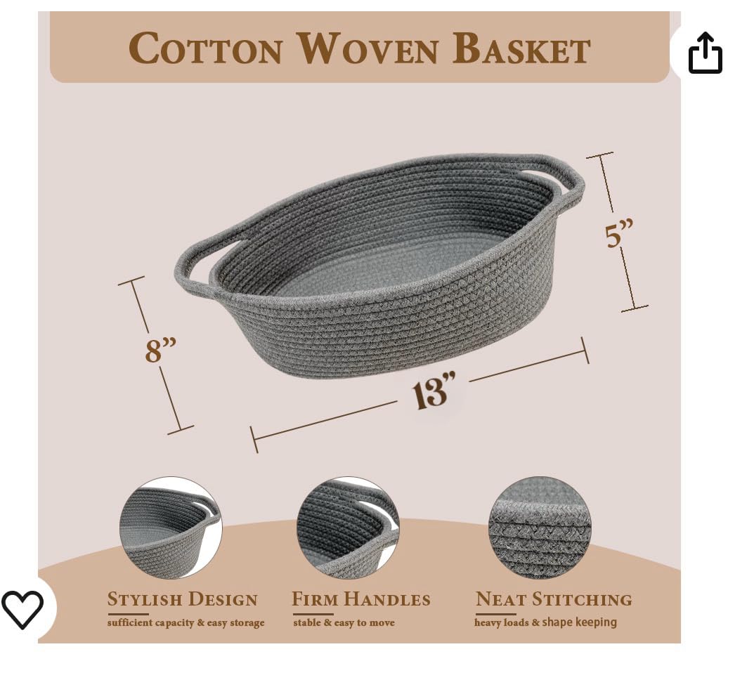 Giftexpress Gray Woven Basket - 13' X 8' X 5' Cotton Rope Organizing Baskets For Baby Items Or Cat & Dog Toys - Cute Soft Gif