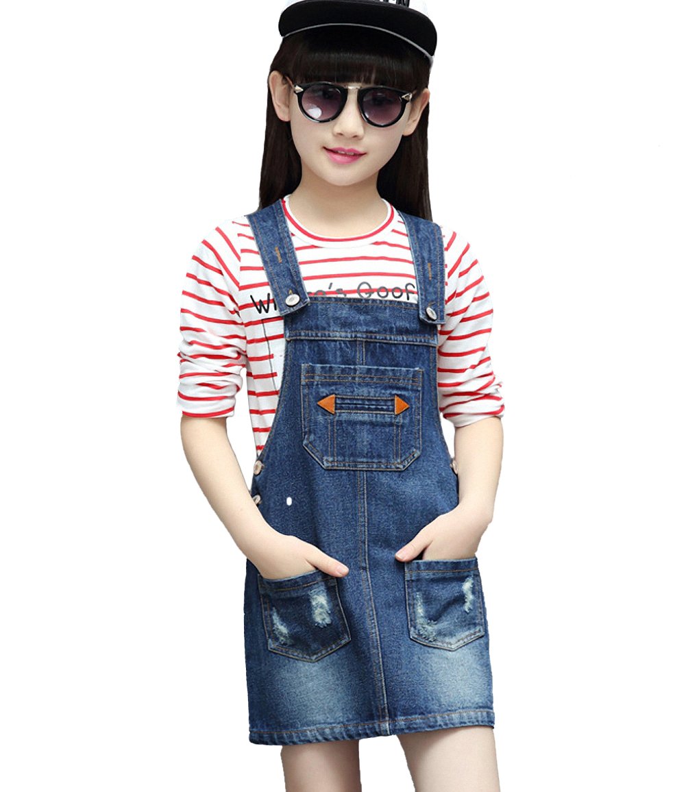 Kidscool Space Girls Bibs Pocket Adjustable Straps Casual Jean Overall Dress,Blue,8-9 Years