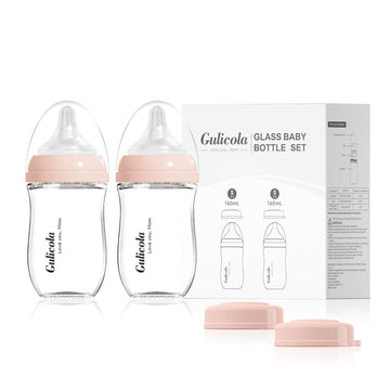 Gulicola Natural Glass Baby Bottle For Breastfeeding Babies, Newborn Anti-Colic Bottle Set With Slow Flow Nipple, 0-3 Months, 5