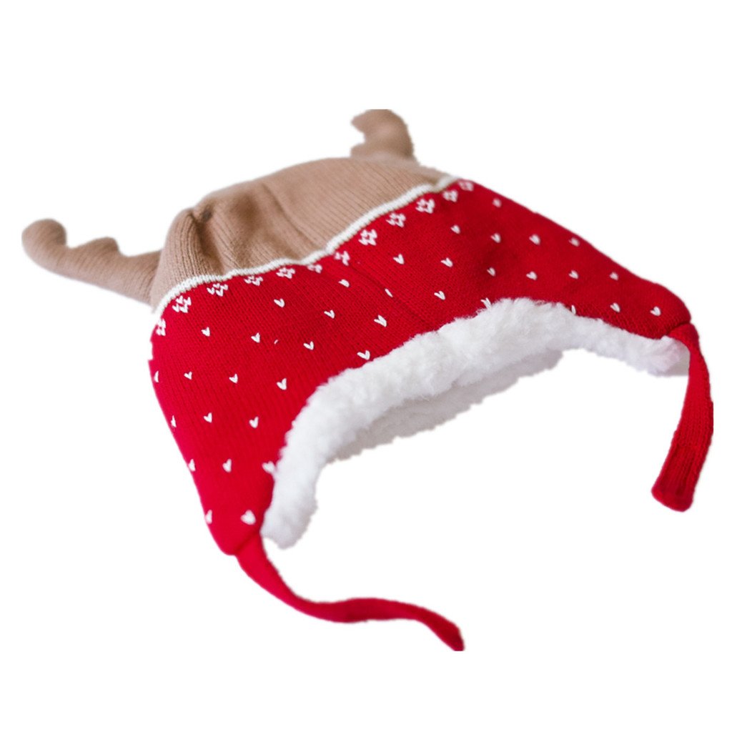 Home Prefer Baby Girl Boy Kid Christmas Hats Soft Cotton Brocade Knitted Cap Cute Elk Horn Sherpa Lined Hat Red S