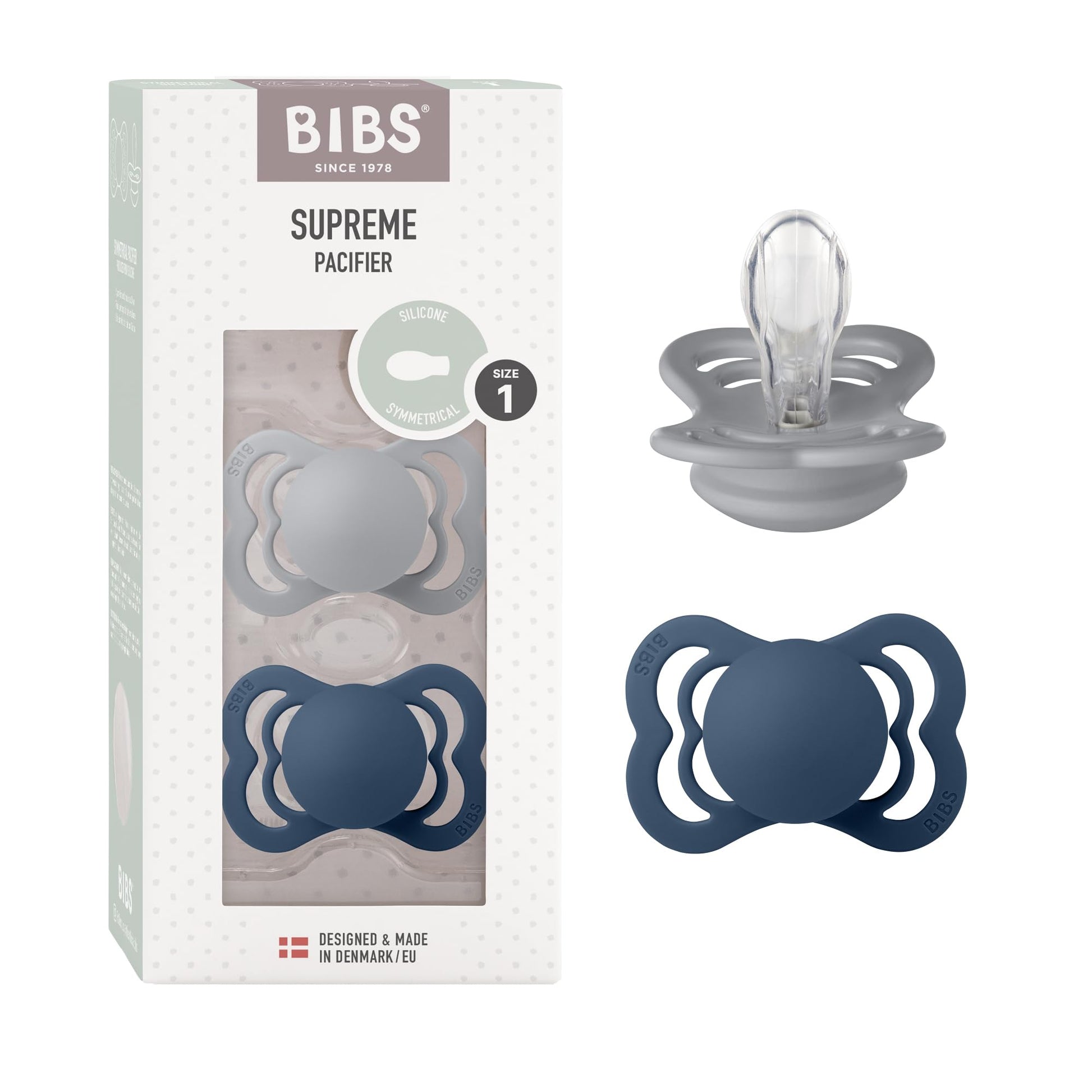 BIBS Supreme Baby Pacifier 2-Pack | Made in Denmark | BPA Free Dummy Soother, Symmetrical Nipple. Silicone, Size 1 (0-6 Months),
