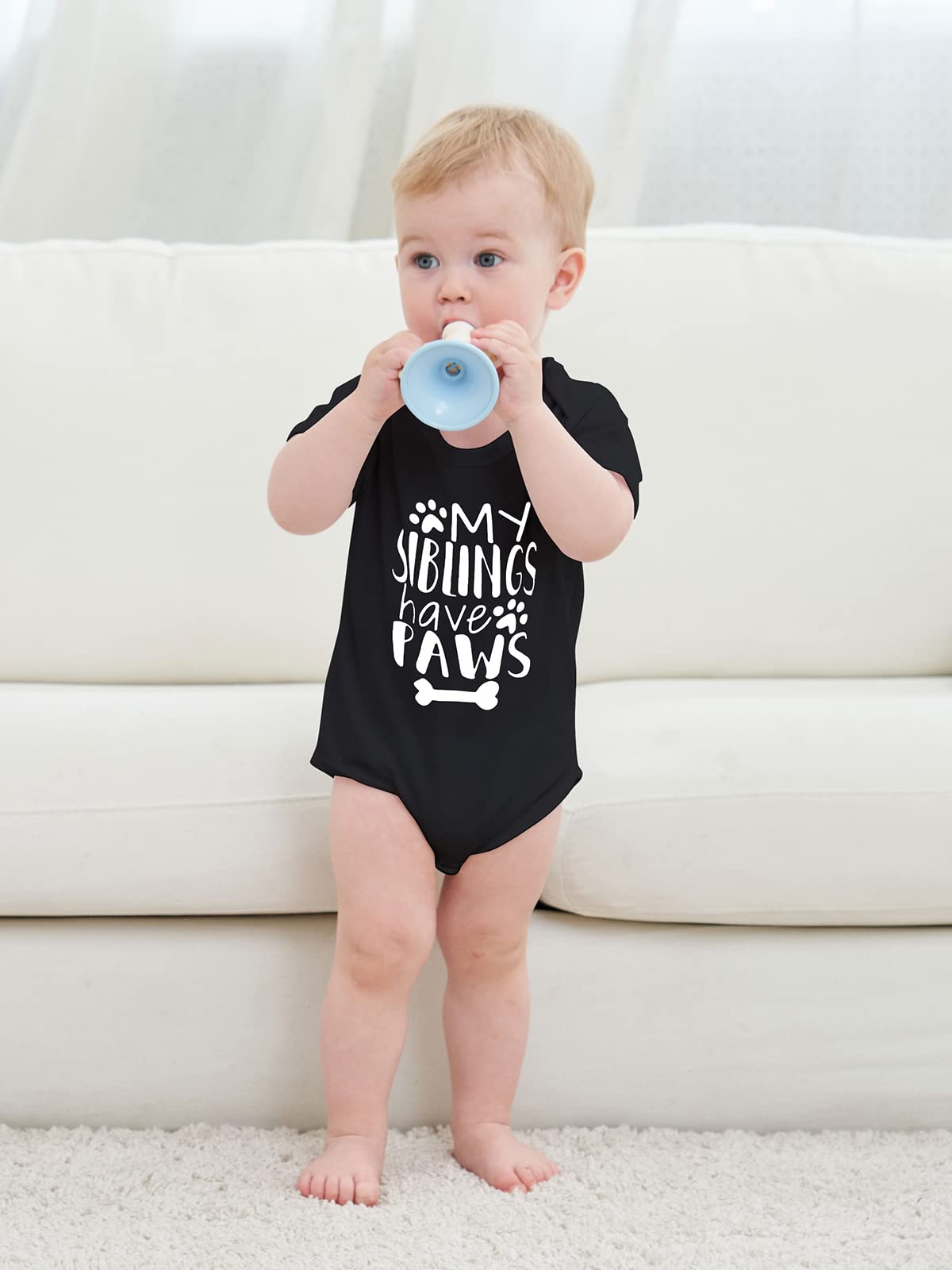 Funnycokid Funny Infant Onsie Romper Baby Boy Girl My Siblings Have Paws Layette Bodysuit Outfits Black 6-12 Months