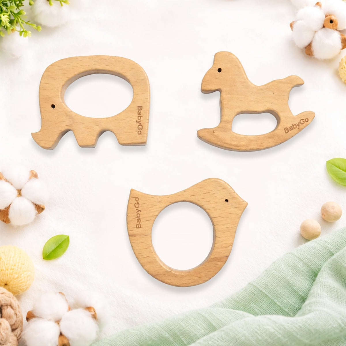 Babygo Wooden Baby Teether Combo | Natural Beech Wood Animal Shape Toy, Handmade & EcoFriendly | Safe & Gentle Gum Soother, Bio