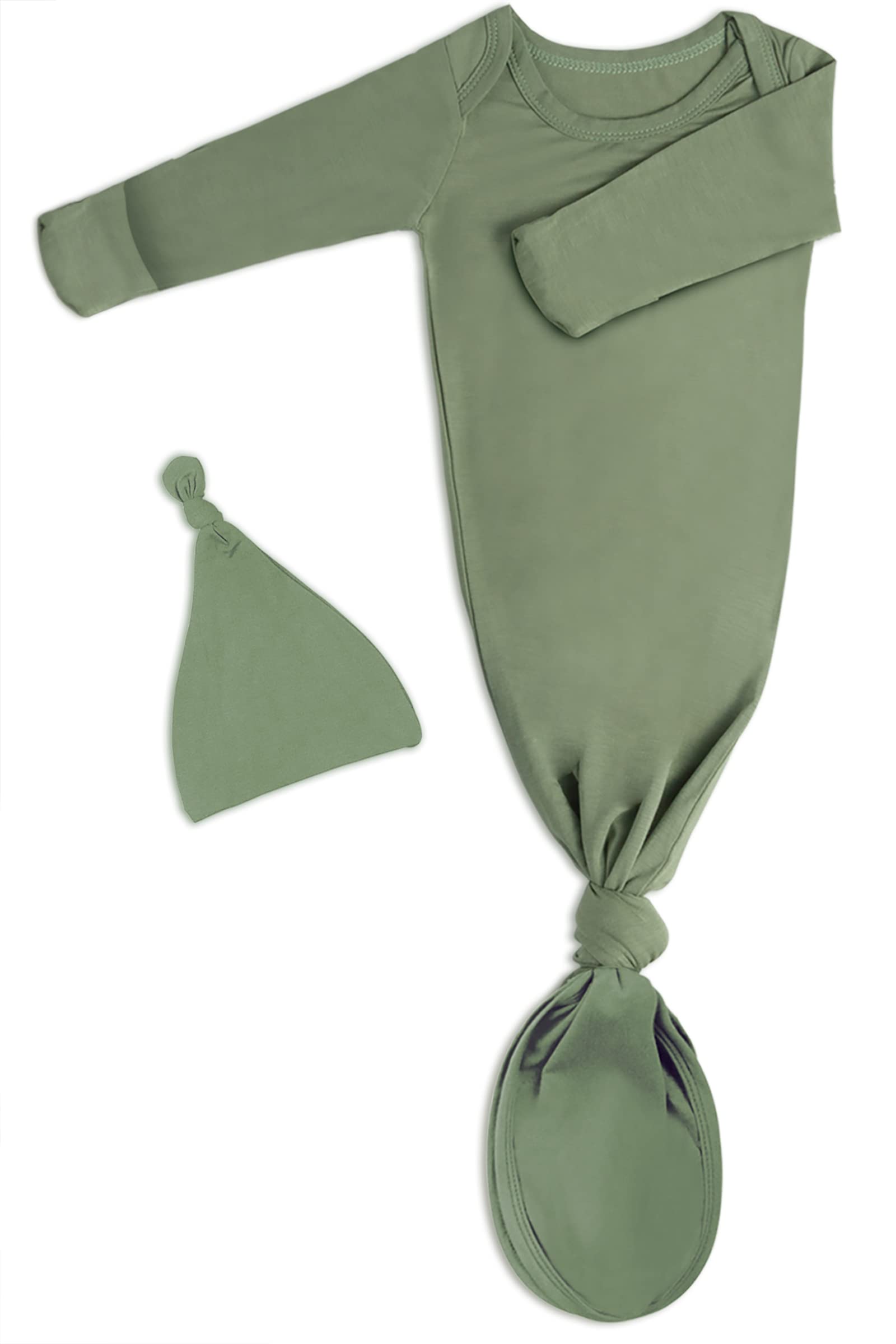 Newborn Baby Knotted Gown, Super Soft Silky Infant Long Sleeve Sleeper for Baby Girl and Boy Sleeping Bag with Hat Army Green