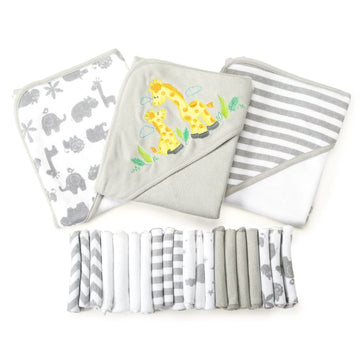 Spasilk Bath Hooded Towels & Washcloths Set For Babies, 23-Piece Gift Set, Grey, (Gift Gba23 0501)