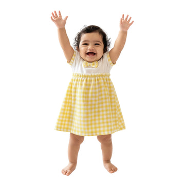 Koshmosh Cotton Baby Girl Dress With Cute Bow I Stylish Gingham Baby Frock I Soft MulmulLined Girl Outfit By KoshmoshYellow3
