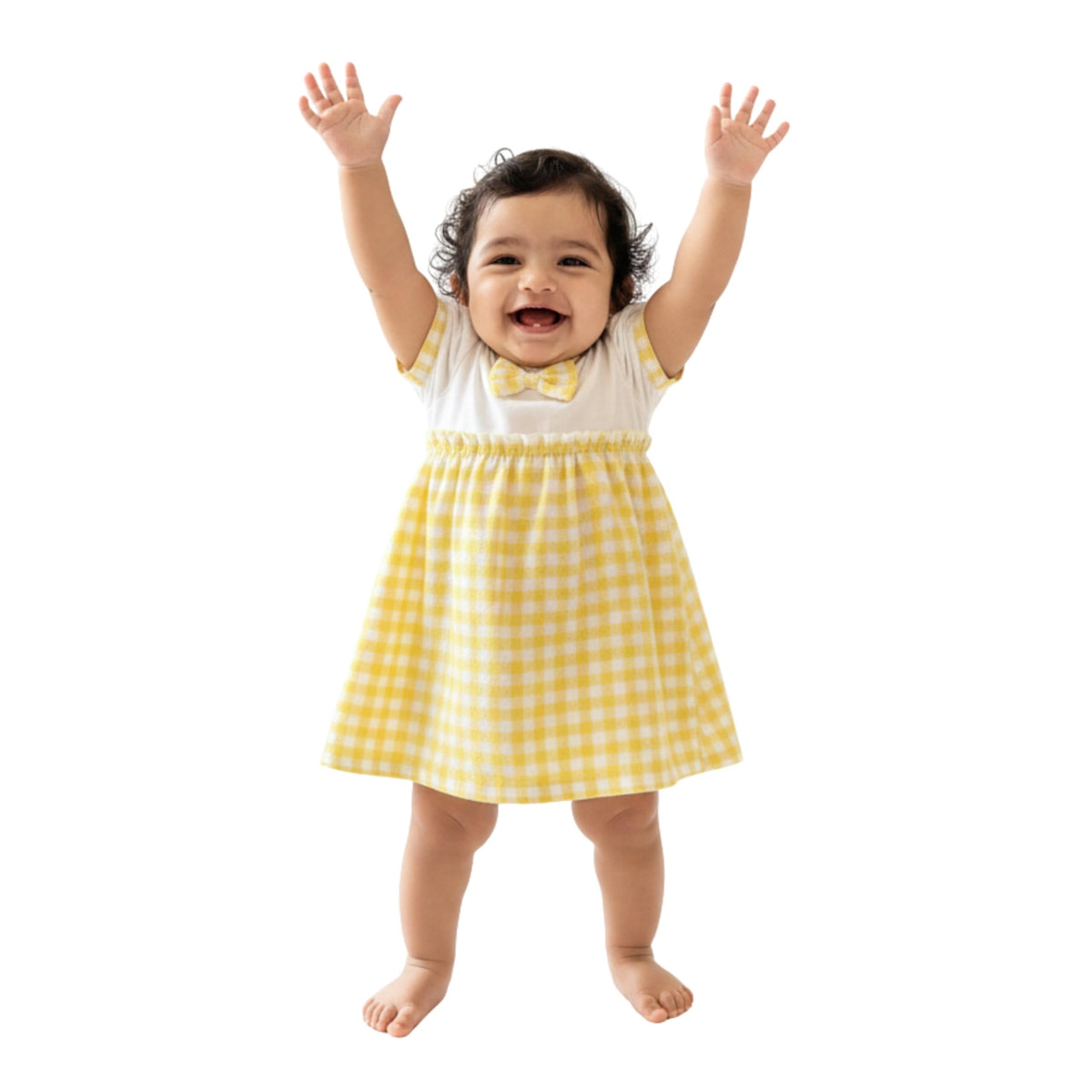 Koshmosh Cotton Baby Girl Dress With Cute Bow I Stylish Gingham Baby Frock I Soft MulmulLined Girl Outfit By KoshmoshYellow18