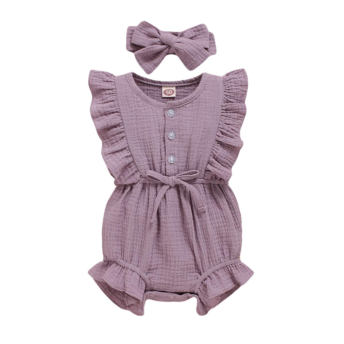 Younger Tree Toddler Baby Girl Ruffled Sleeveless Romper Casual Summer Jumpsuit Cotton Linen Clothes (Button-Purple, 6-12 Months