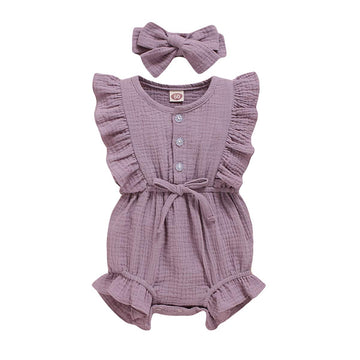 Younger Tree Toddler Baby Girl Ruffled Sleeveless Romper Casual Summer Jumpsuit Cotton Linen Clothes (Button-Purple, 6-12 Months