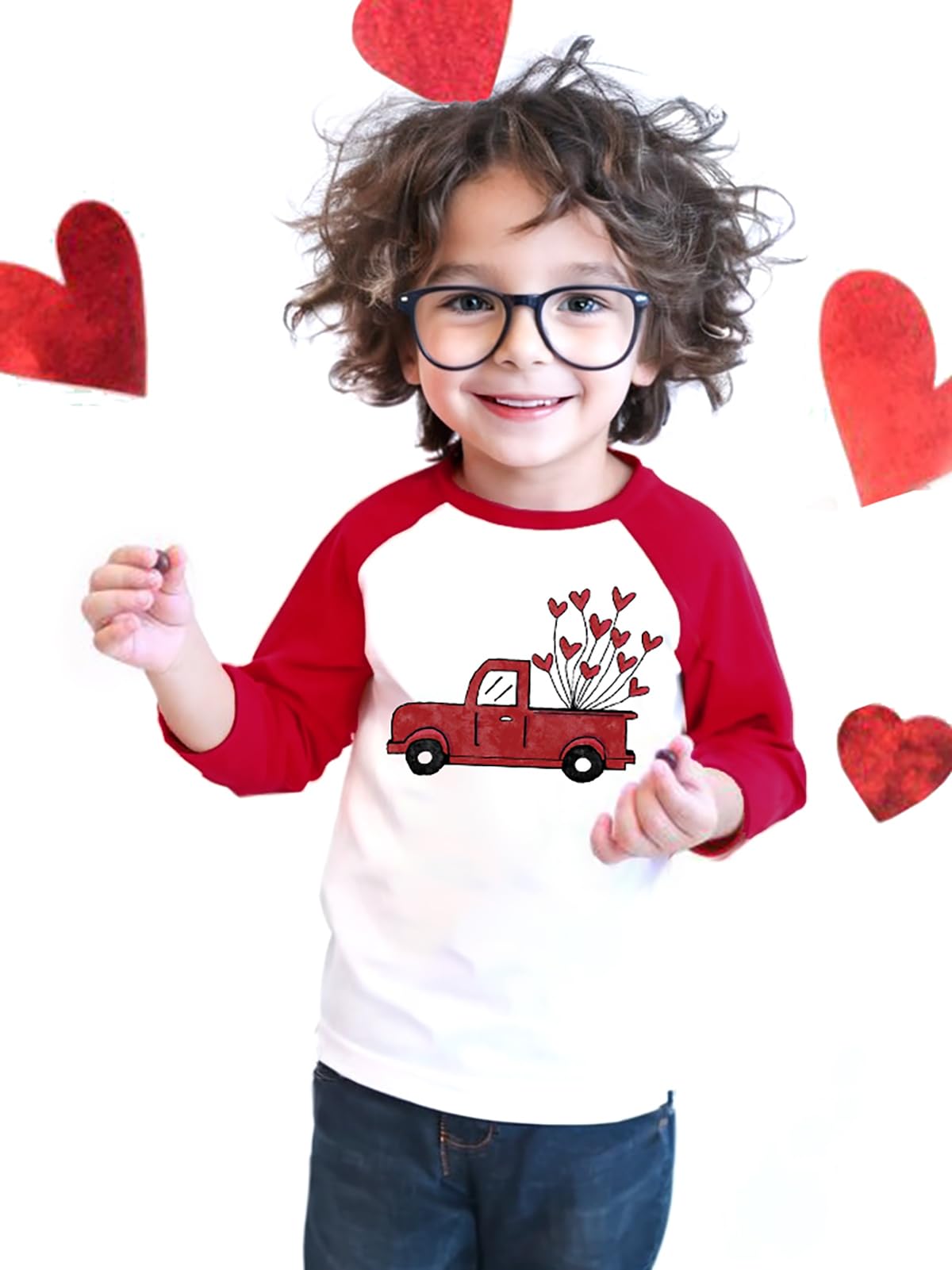 Yzmi Valentines Day Shirt Toddler Boy Girl Raglan 3/4 Sleeve Valentines Outfit Truck Love Heart Graphic Tee Tops Red 2-3T