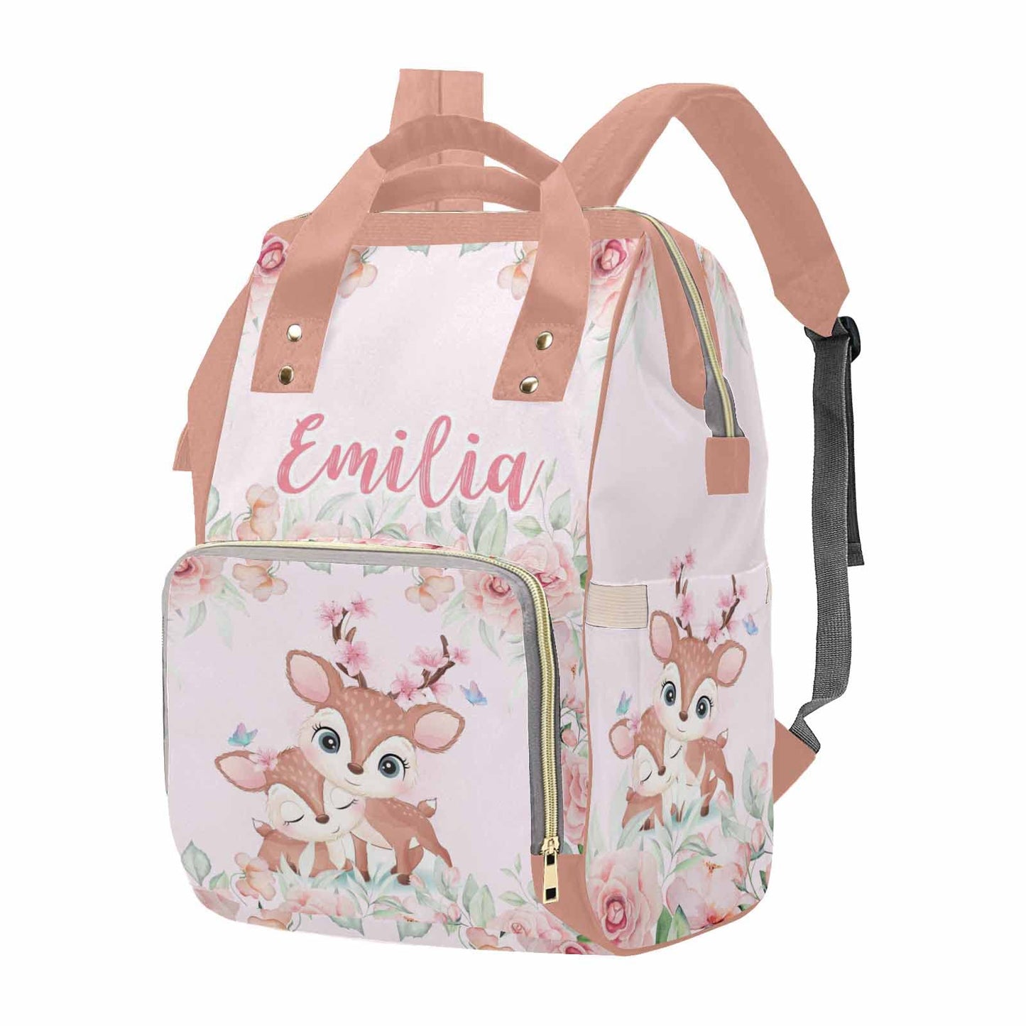 M Yescustom Customized Cute Deer Diaper Bag With Name, Personalized Pink Floral Waterproof Mommy Nursing Nappy Backpack With Lar