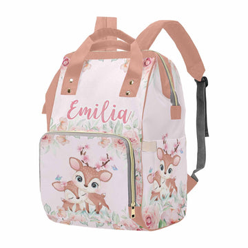 M Yescustom Customized Cute Deer Diaper Bag With Name, Personalized Pink Floral Waterproof Mommy Nursing Nappy Backpack With Lar