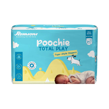 Romsons Poochie Total Play Newborn Tape Style Baby Diapers  24 Pieces | Suitable For Up To 5 Kg | Antibacterial | Cottony Soft 